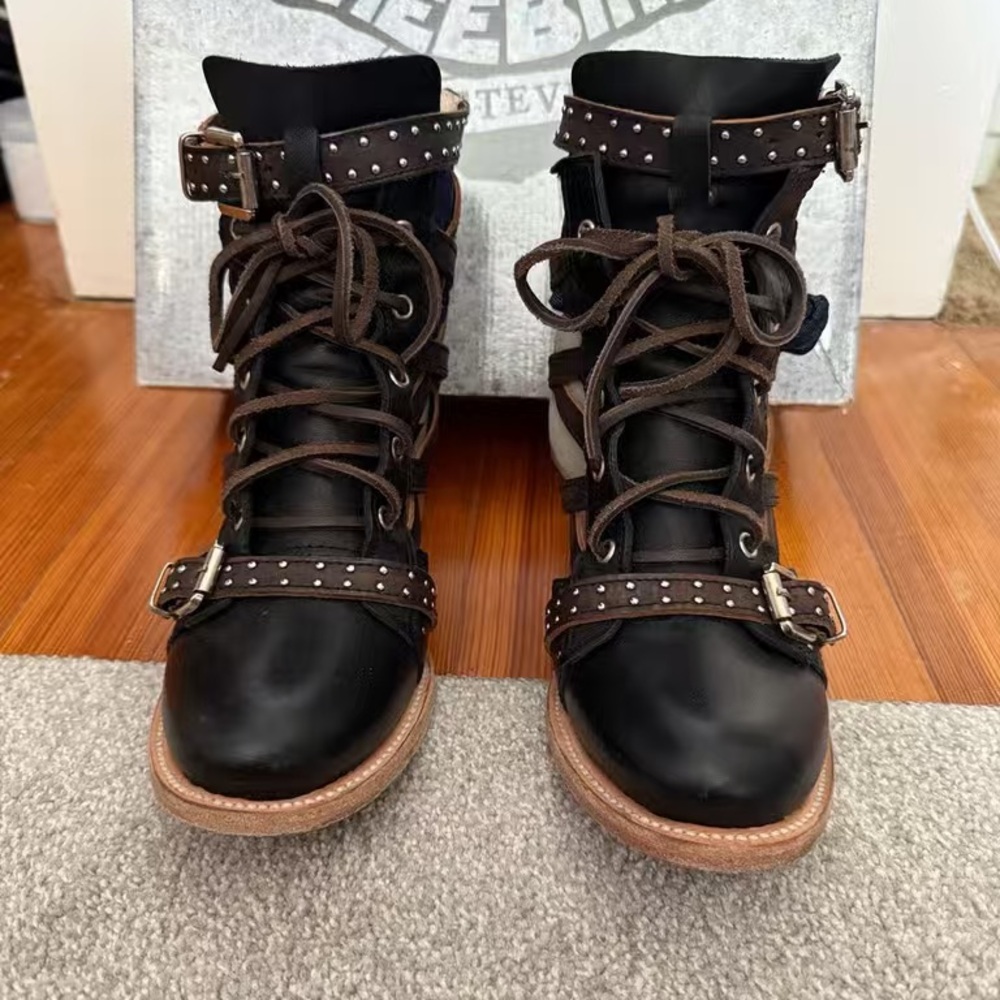 Freebird by Steven Black and Brown Studded Combat Boots